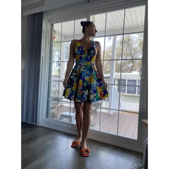 D.B.A. LA Bold Floral dress Bold Bright Fit flare skirt with tulle 11 (S/M) - Picture 3 of 15